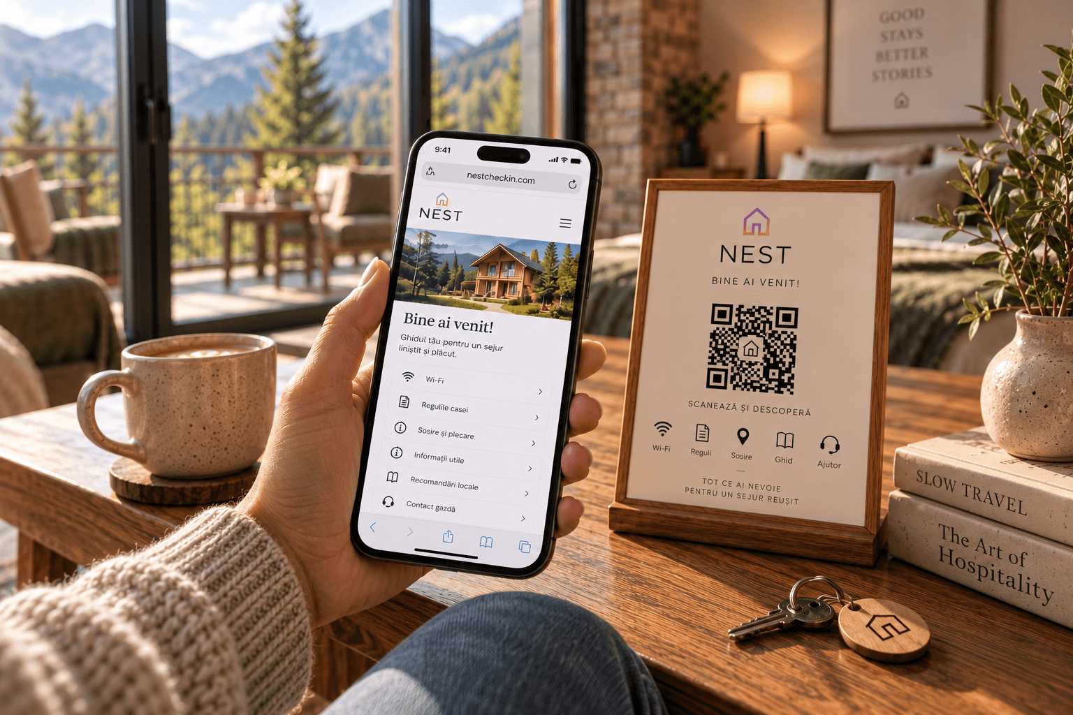 Oaspete ținând telefonul cu ghidul digital deschis, lângă rama QR de pe masă